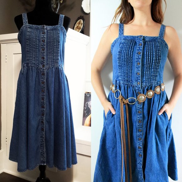 Vintage 90's ✨ Denim Pintuck Button-down Sundress - Picture 3 of 13